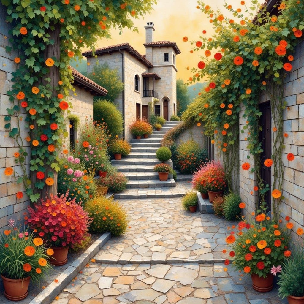 European Garden With Stone Path in Collage Style
