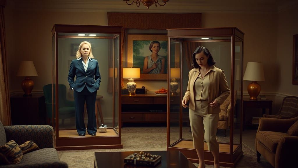 Midcentury Living Room with Suspended Women in Vintage Vitri...