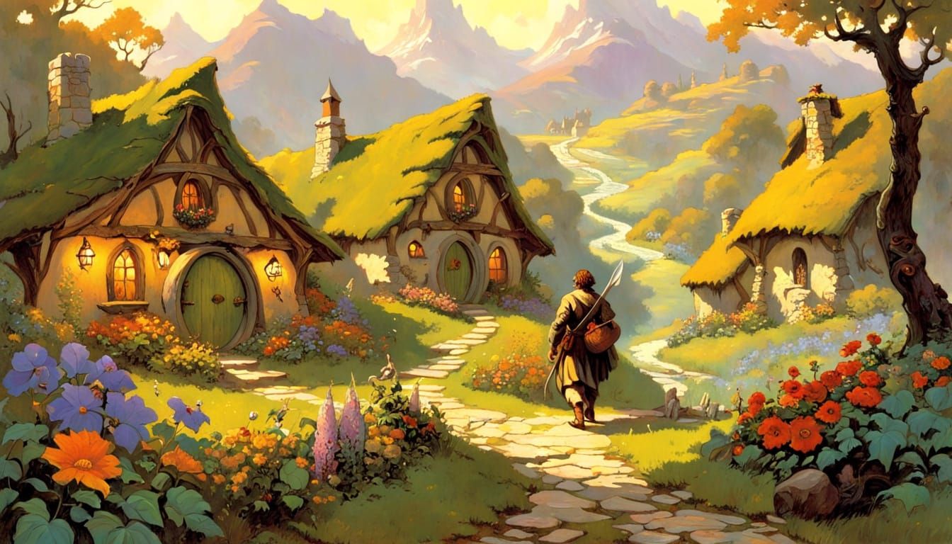 Whimsical Fantasy Village in Golden Light