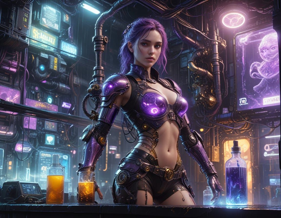 Cyberpunk Mad Scientist with Polished Metal Arm Amidst Neon...