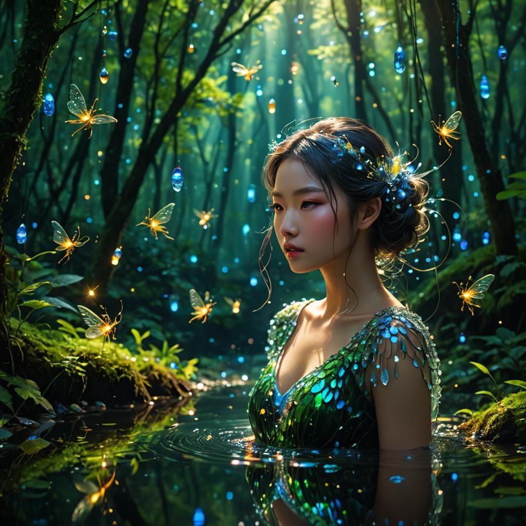 Glass Siren in Mystical Forest with Fireflies