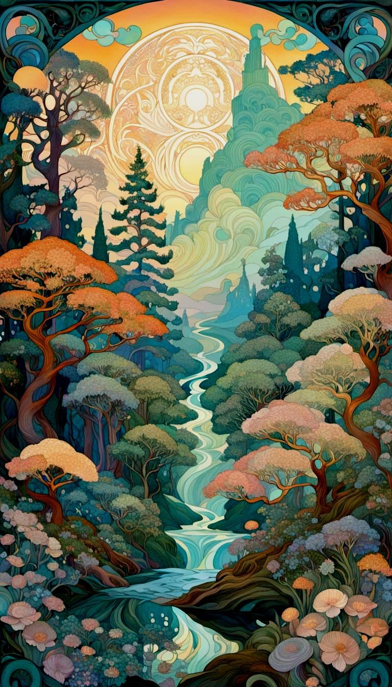 Ethereal Mythical Forest in Art Nouveau Style