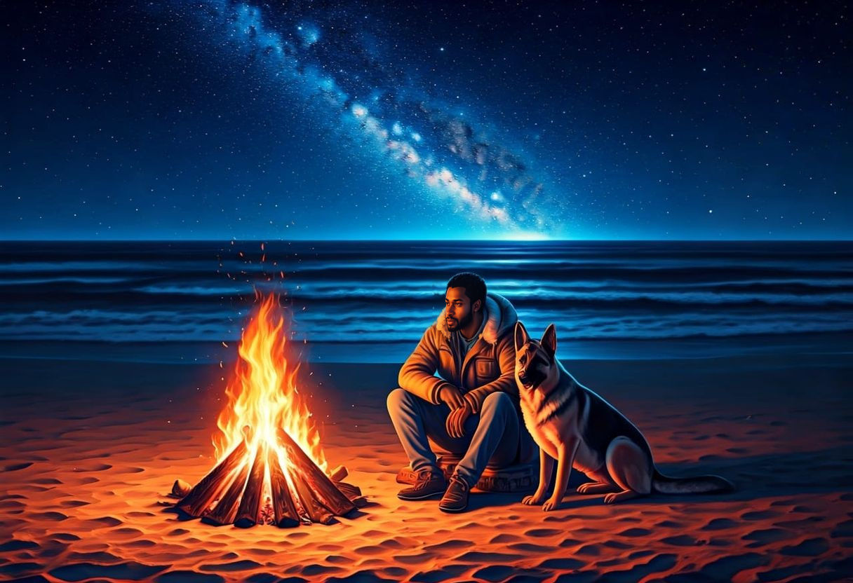 Bonfire on Bioluminescent Beach Under Starry Sky