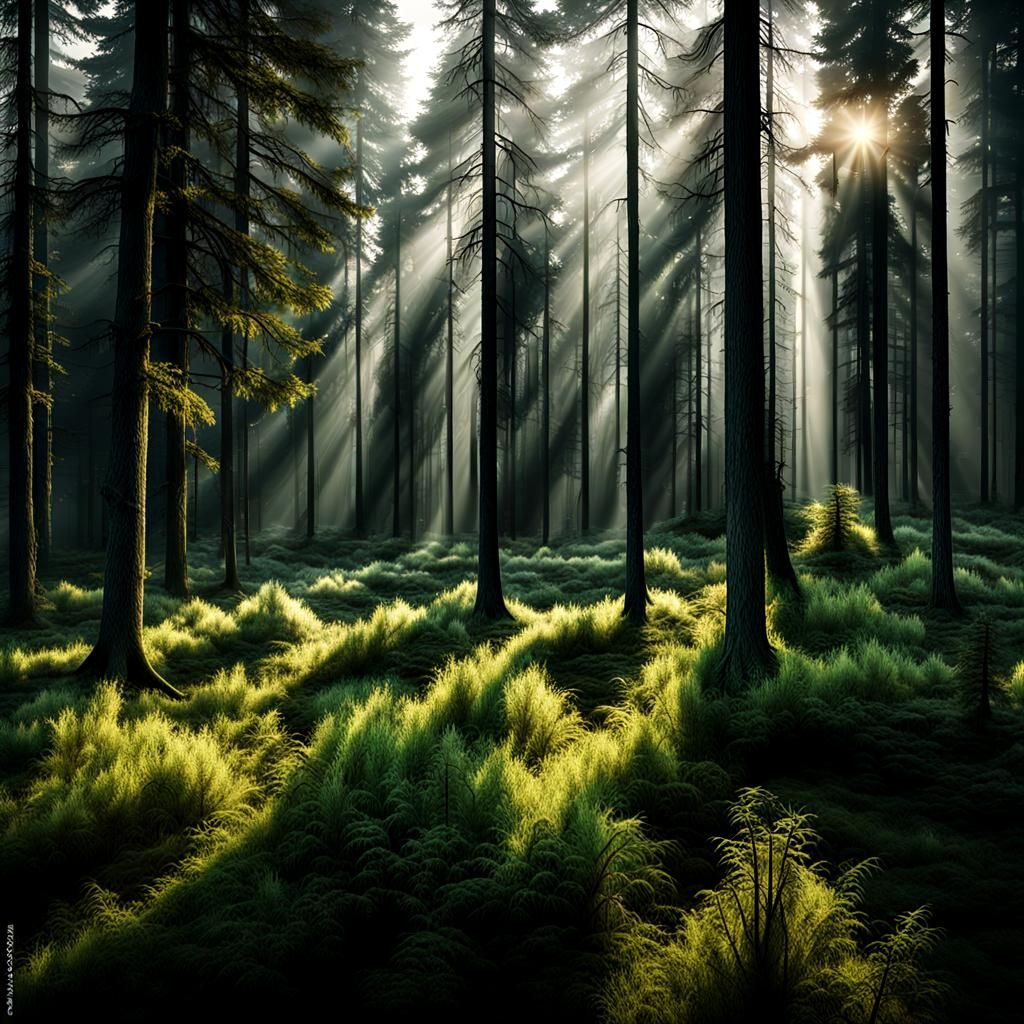 Sunlit Rays Pierce a Mysterious Forest