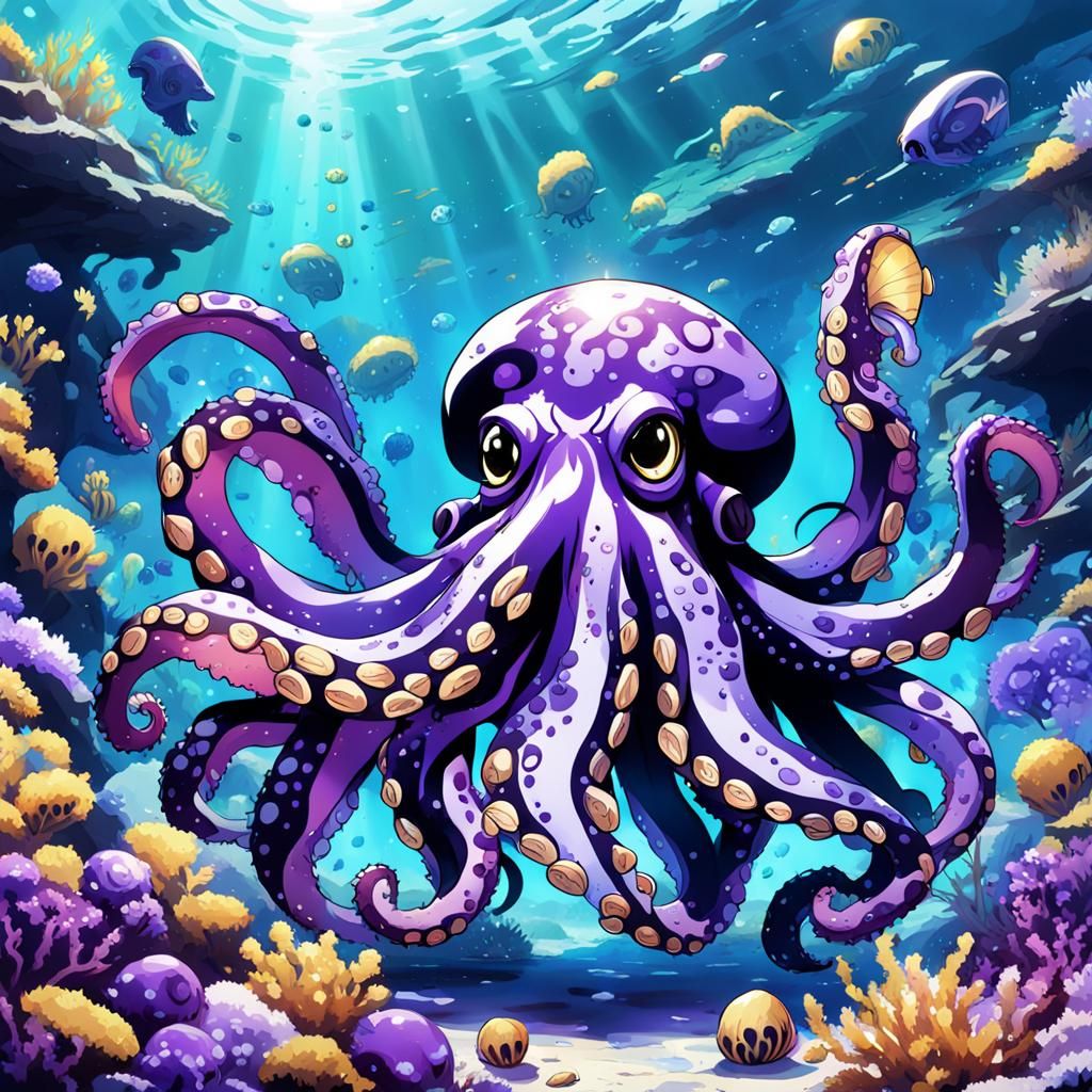 Underwater Octopus King with Shell Crown, Anime Style