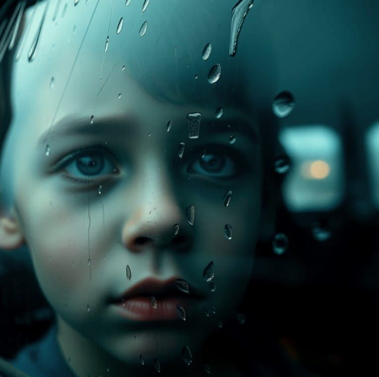 Realistic Portrait of a Crying Boy in the Rain