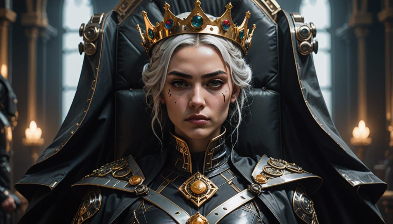 Cyberpunk Aristocrat Queen Enthroned in Elegant Cape and Cro...