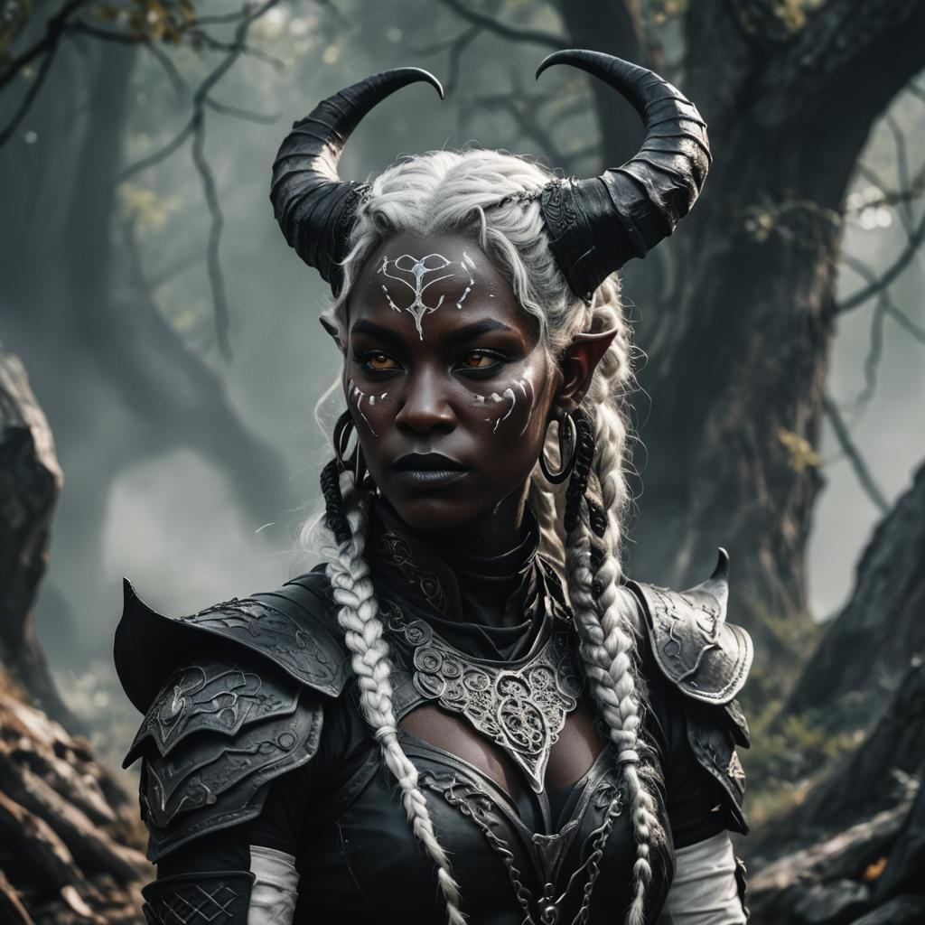 Tiefling with Black Skin and White Armor