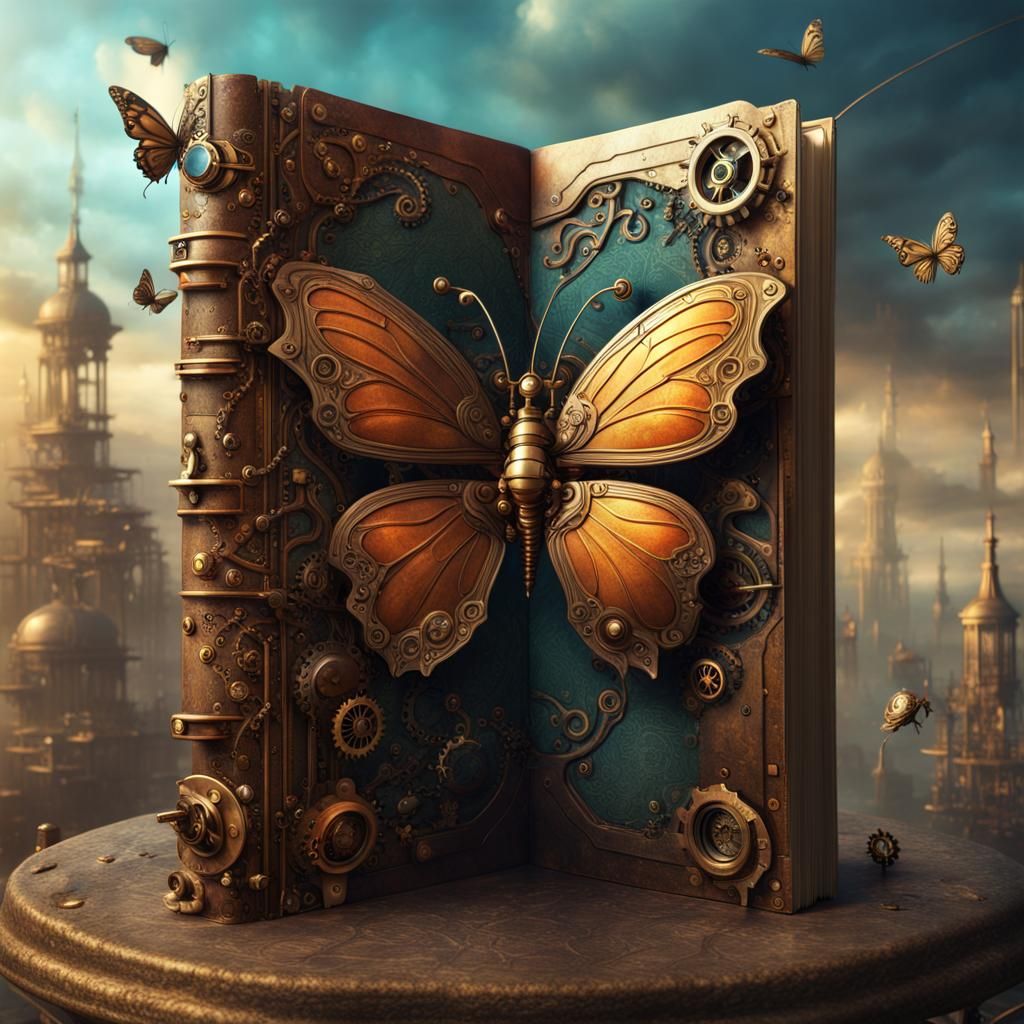 Steampunk Butterfly Book Cover: Detailed Matte Painting