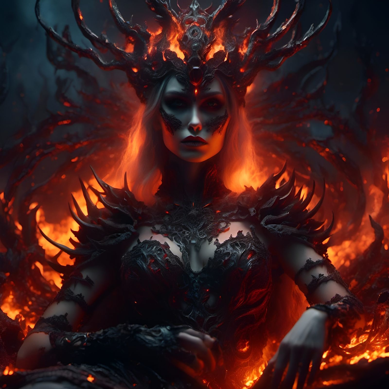 Fiery Goddess Portrait in Surreal Horror Style