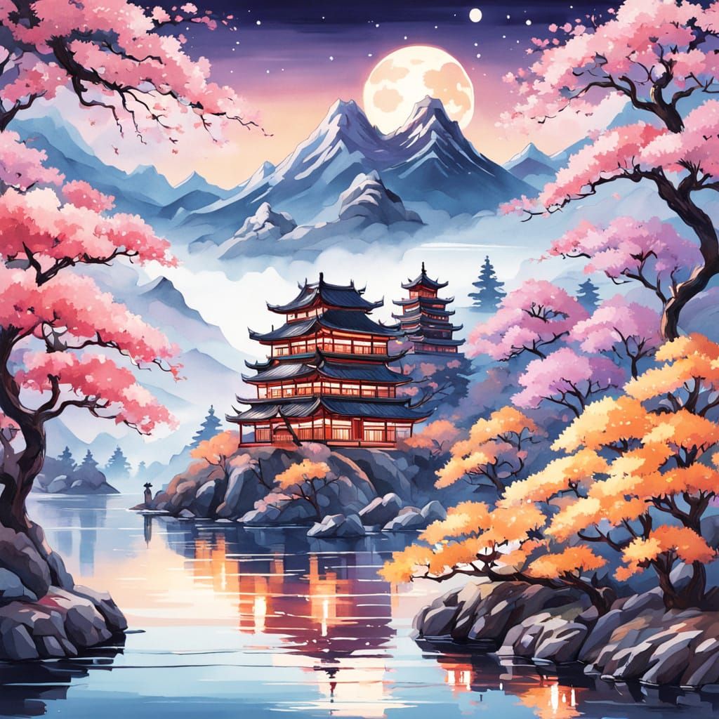 Mystical Pagoda Landscape with Figure in Watercolor Style
