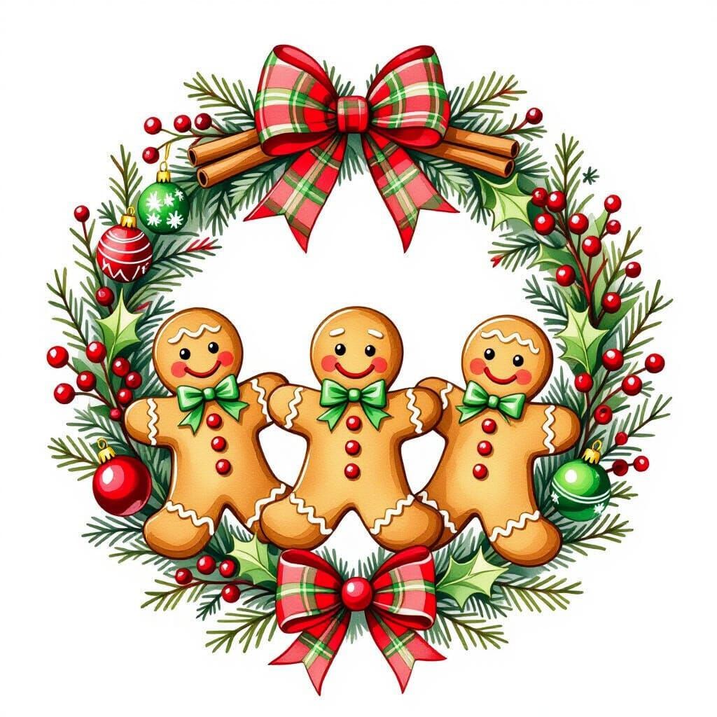 Watercolor Christmas Wreath with Gingerbread Men and Ornamen...