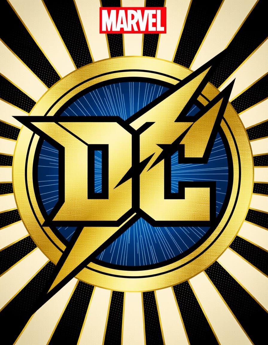 Marvel and DC Logos Fused in Metallic Gold and Silver