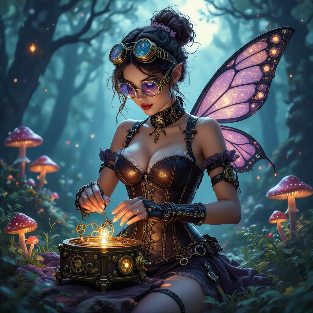 Steampunk Fairy Repairs Music Box in Moonlit Forest