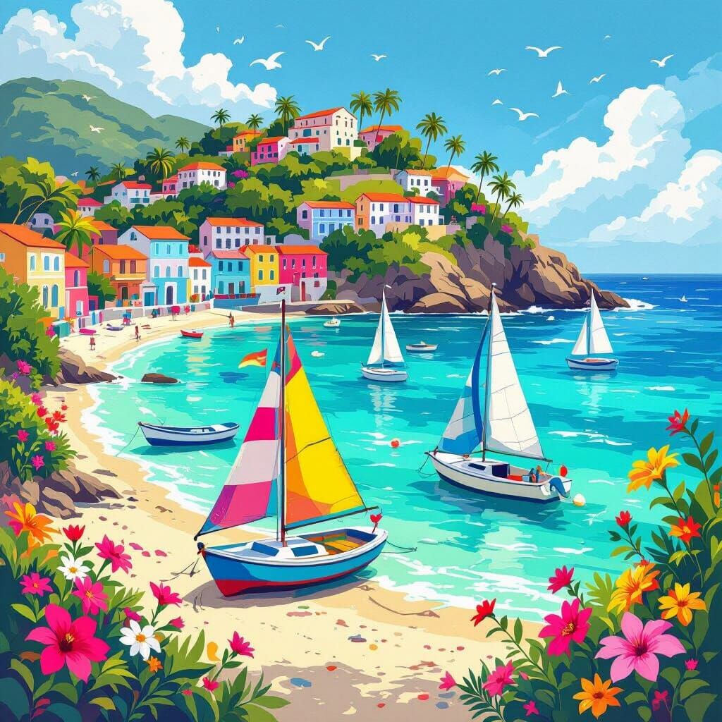 Whimsical Tropical Seaside Village with Colorful Sailboats