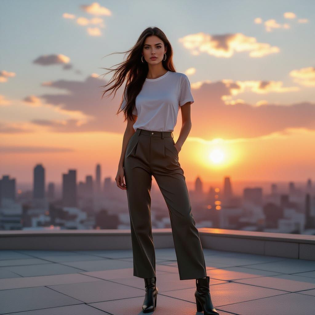 Sunset Rooftop: Urban Woman in Cinematic Style