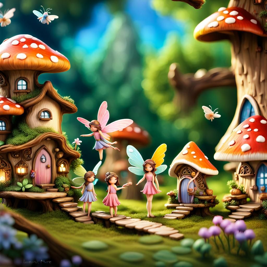 Full view of a bunch of tiny winged fairies in their fairy village::5, beautiful fairies::4, mushroom and tiny tree hous...