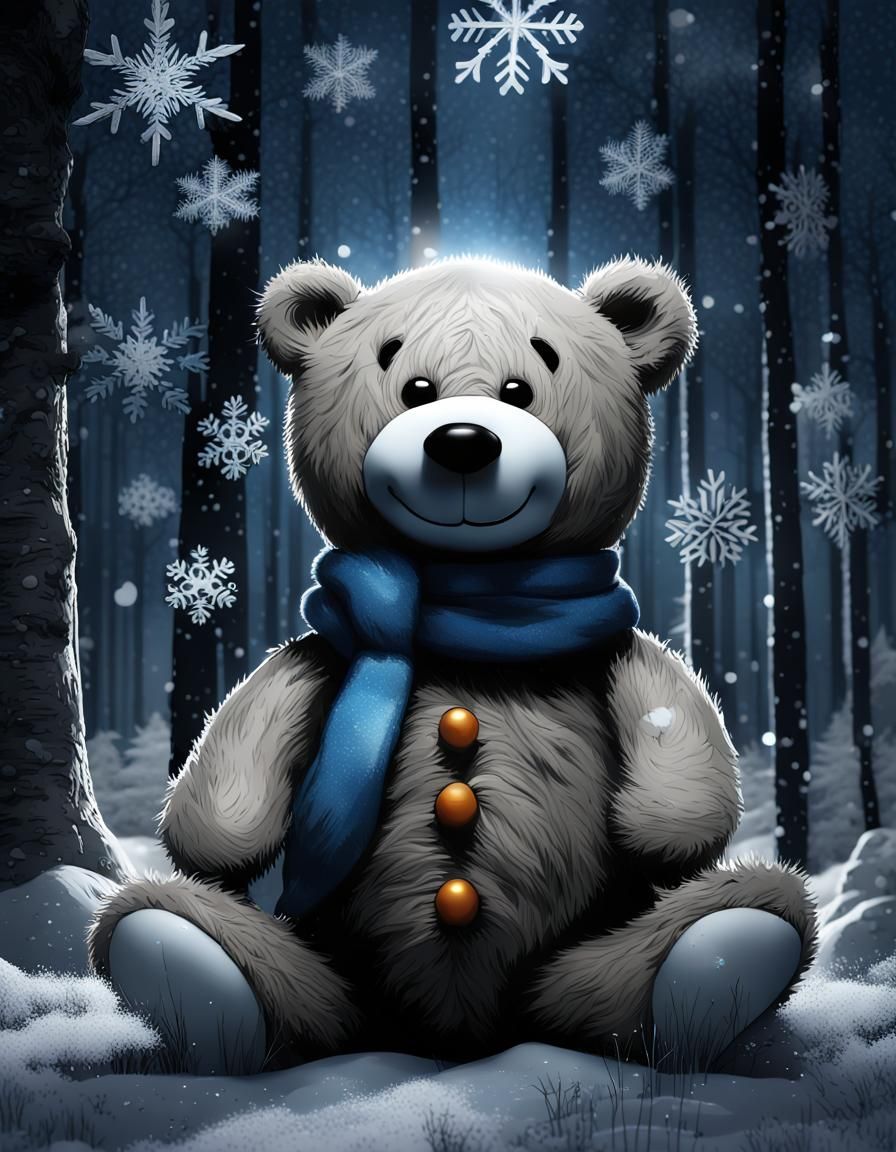 Tatty Teddy Bear in Winter Forest, 3D Render