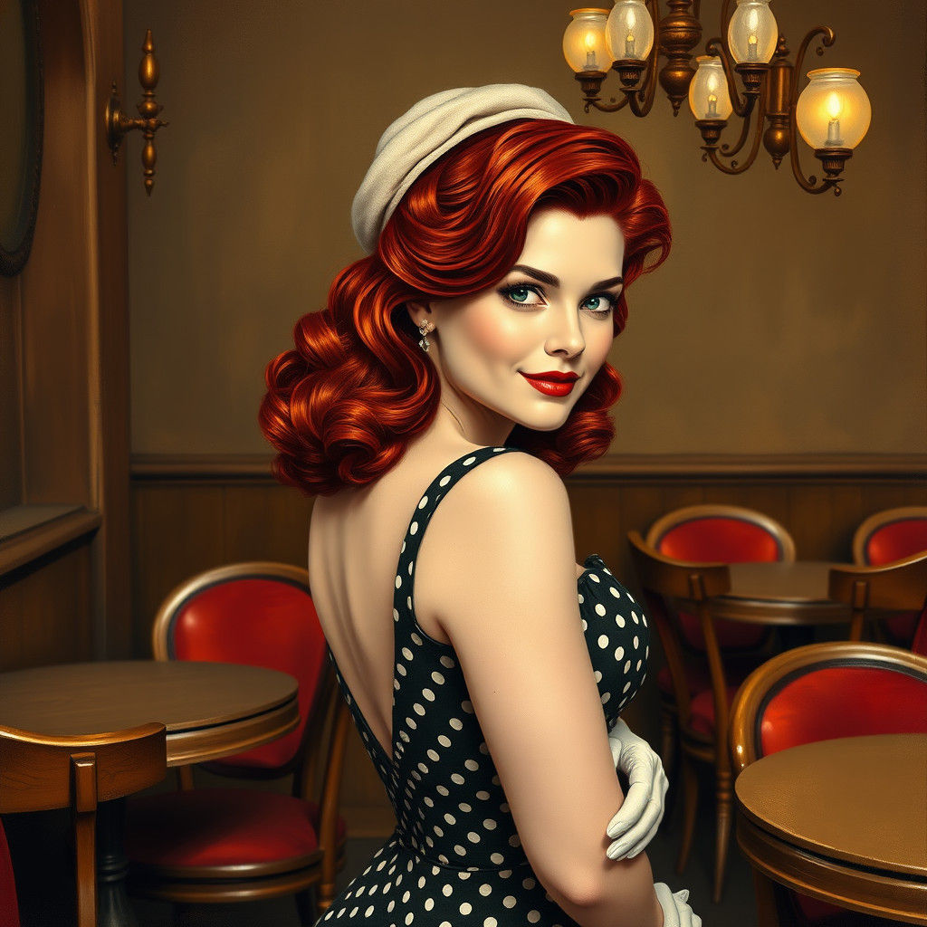Vintage Redhead in Parisian Cafe: Impressionistic Style