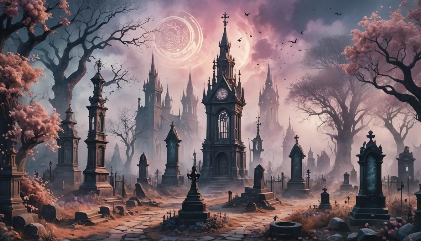 Gothic Steampunk Graveyard in Dreamy Watercolor Style