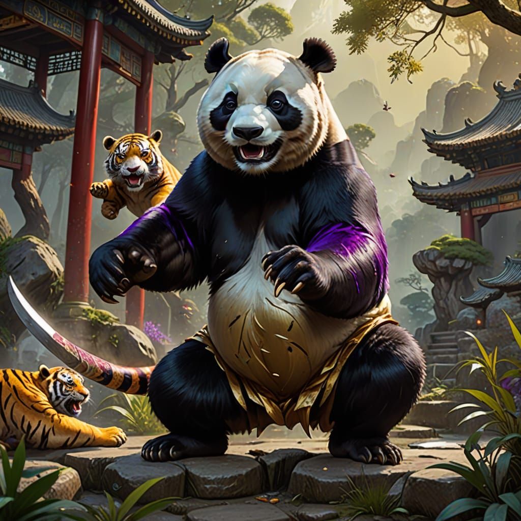 Kung Fu Panda vs Tiger in Dark Fantasy Art