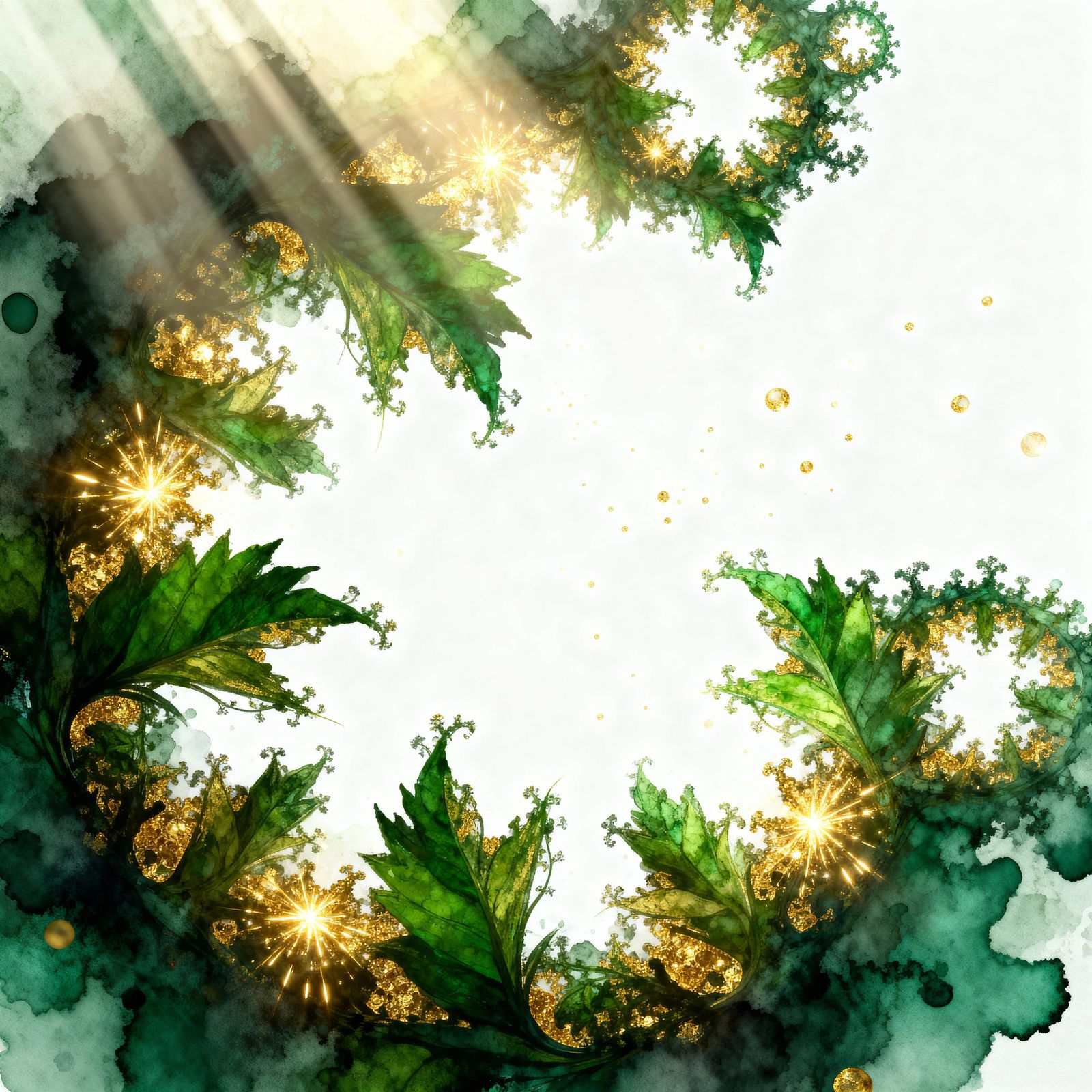 Majestic Fractal with Green Leaves and Golden Sparks