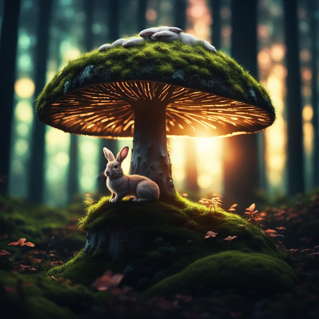 Luminous Forest Bunny Double Exposure Illustration