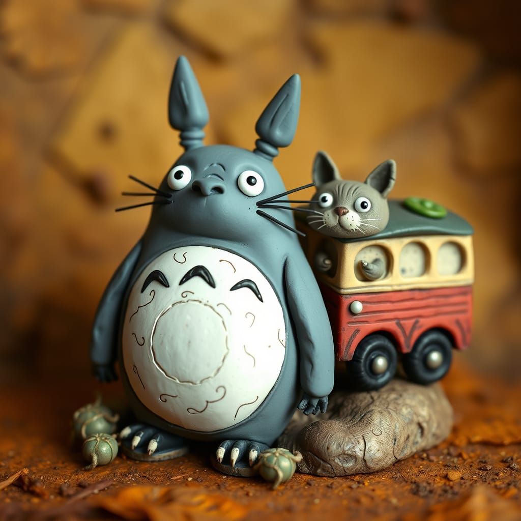 Clay figurines of Totoro and Cat Bus