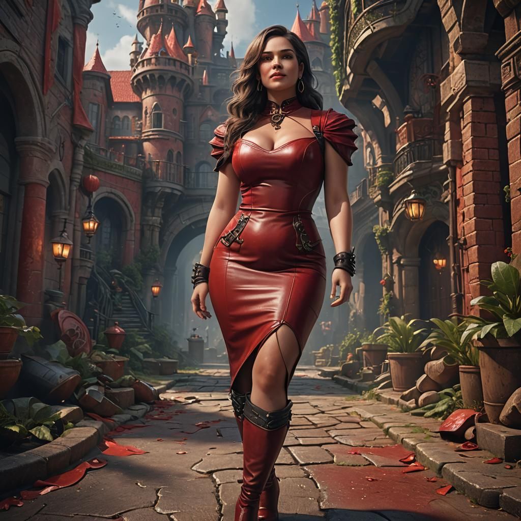 Curvy Woman in Red Leather Dress: Fantasy Art