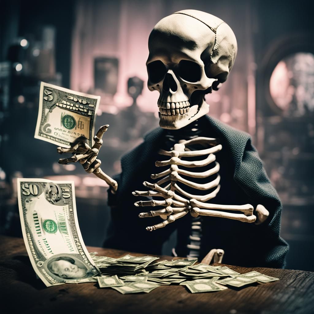 Dramatic Film Still: Skeleton Baby with Money