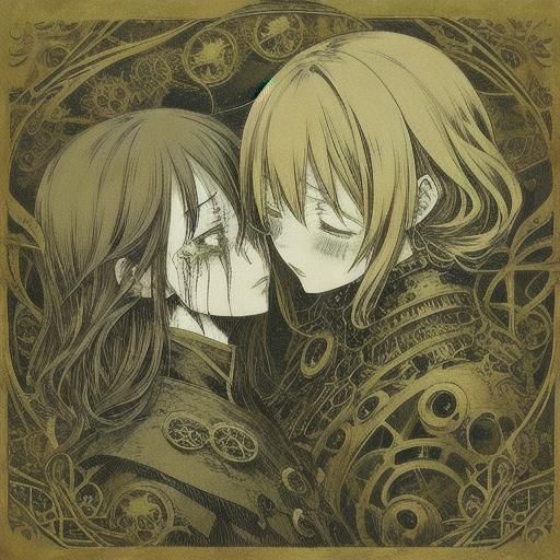 Steampunk Anime Girls' Yuri Kiss Scene