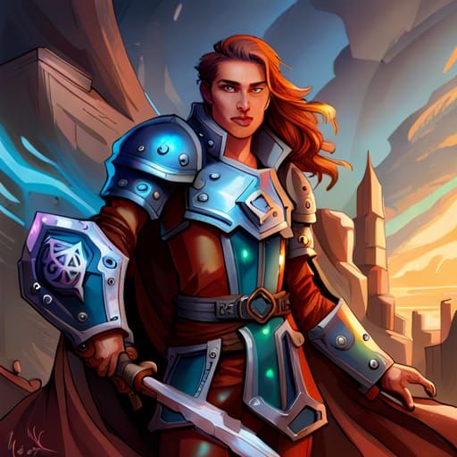 D&D Artificer rogue, mechanical and gears armor, holographic