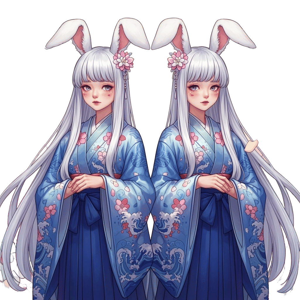 Twin Bunny Yokai in Blue and White Silks