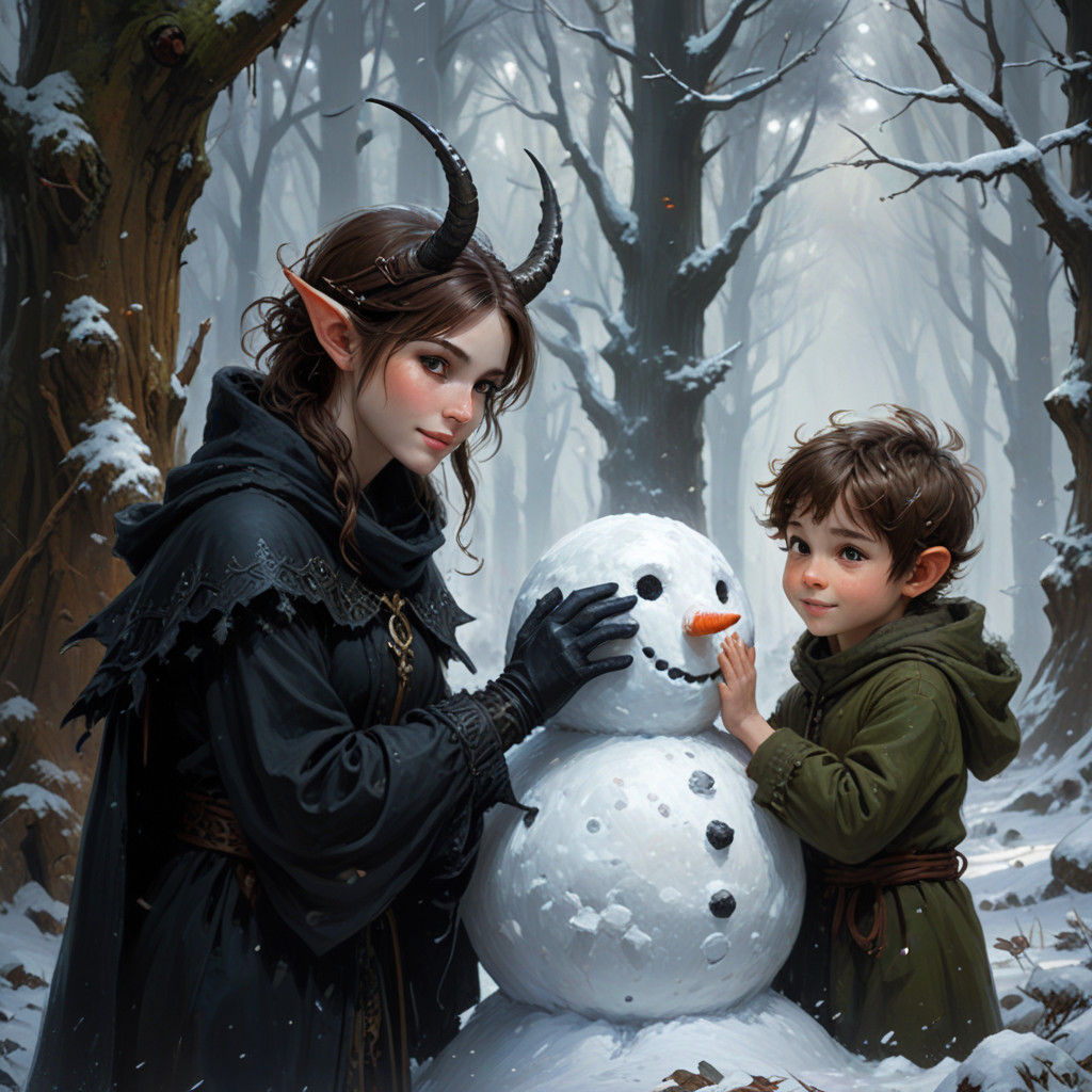 Surreal Dark Fantasy Elves Build a Snowman in Enchanted Fore...
