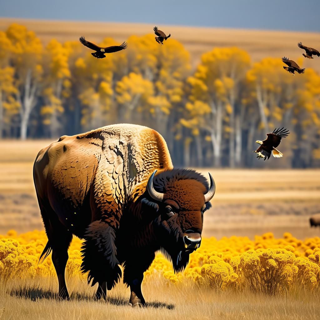 American bison roaming the prairies with waving fields of go...