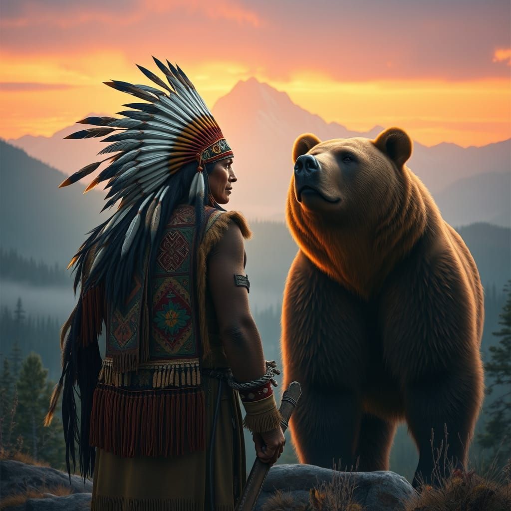 Native American Warrior Stands with Grizzly Bear in Misty Mo...