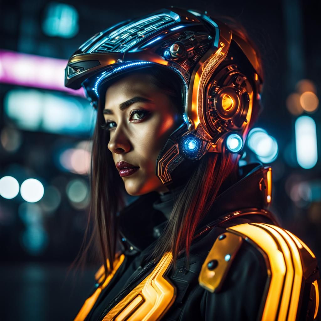 Cyborg Girl Portrait in Neon City at Night
