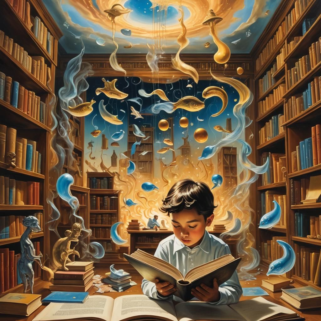 Child Reading Holographic Book in Surreal Library