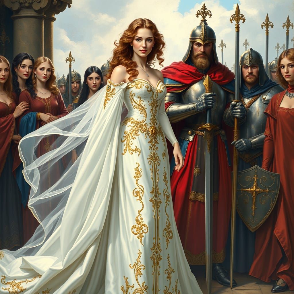 Queen Guinevere Surrounded by Court, in Art Nouveau Style