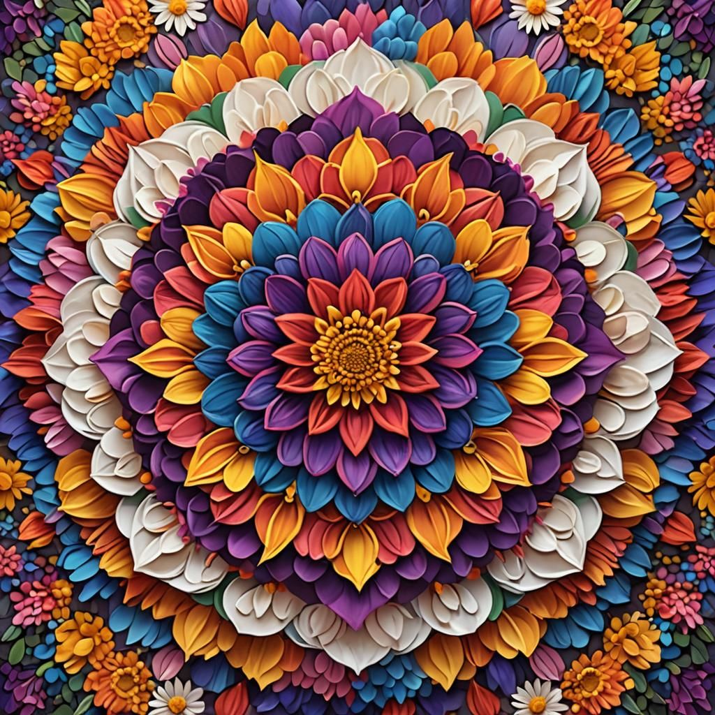 Colorful Photorealistic Mandala Made of Flower Petals