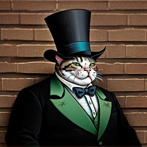 A portly tomcat in a tattered top hat sits slumped against a wall, his belly distended from an empty dream of a full one...