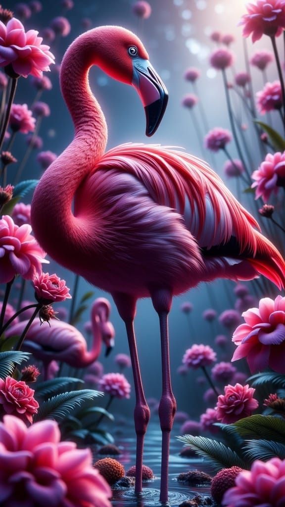 Flamingo in Dreamlike Art Nouveau Landscape