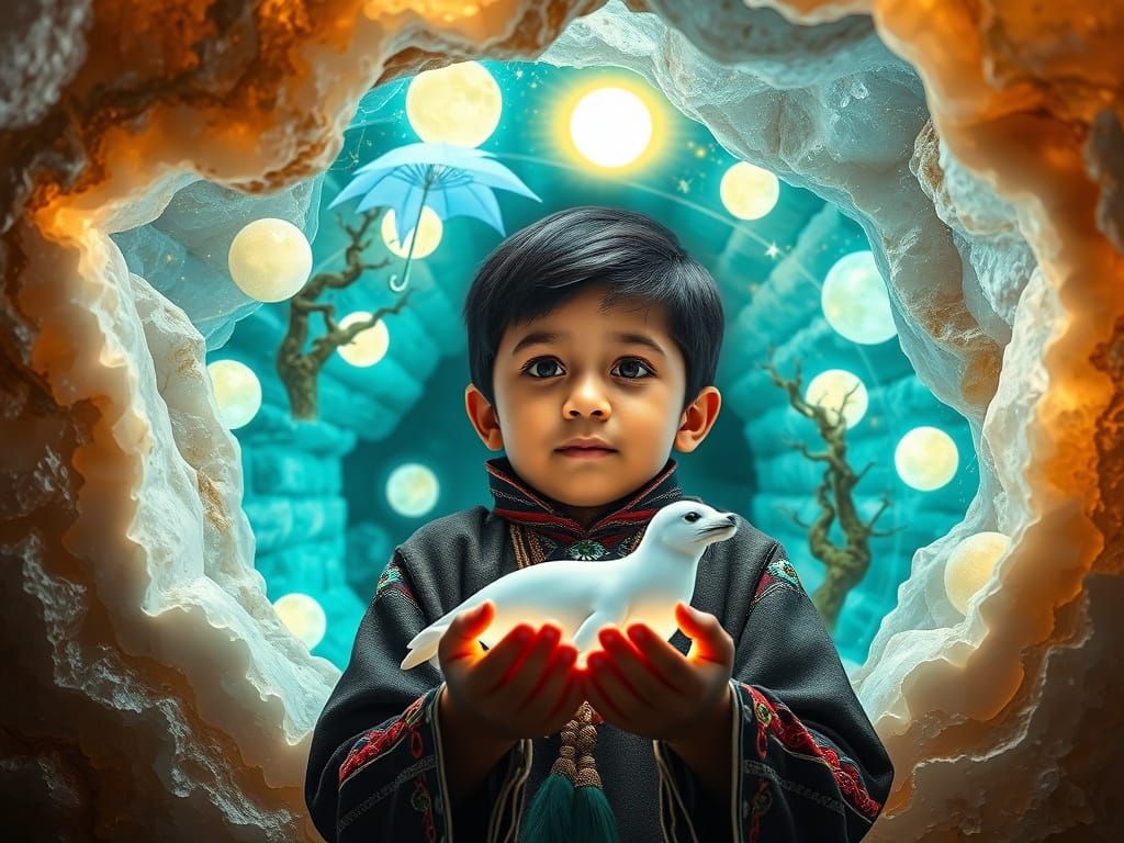 Peruvian Boy in Crystalline Cave with Celestial Geode