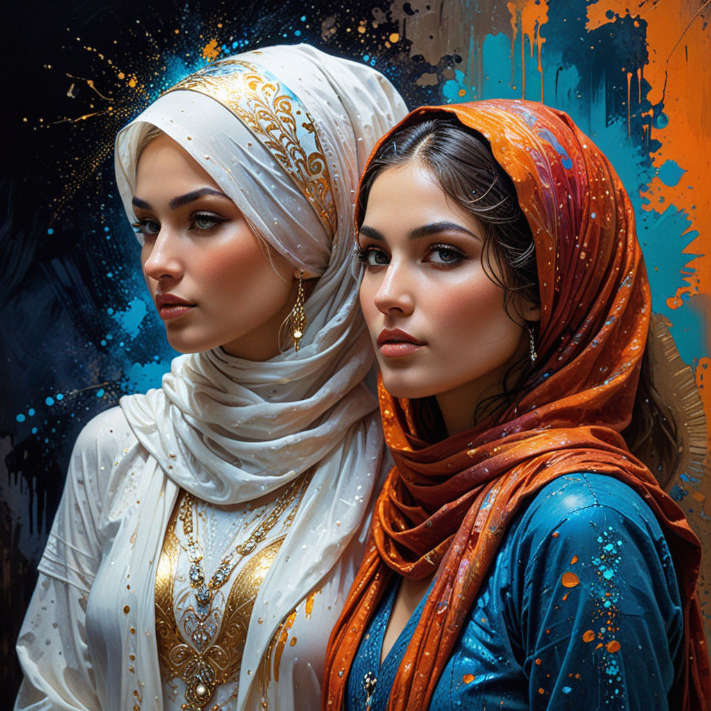 Neo-Expressionist Oil Painting of Twin Beauty in a Desert Oa...