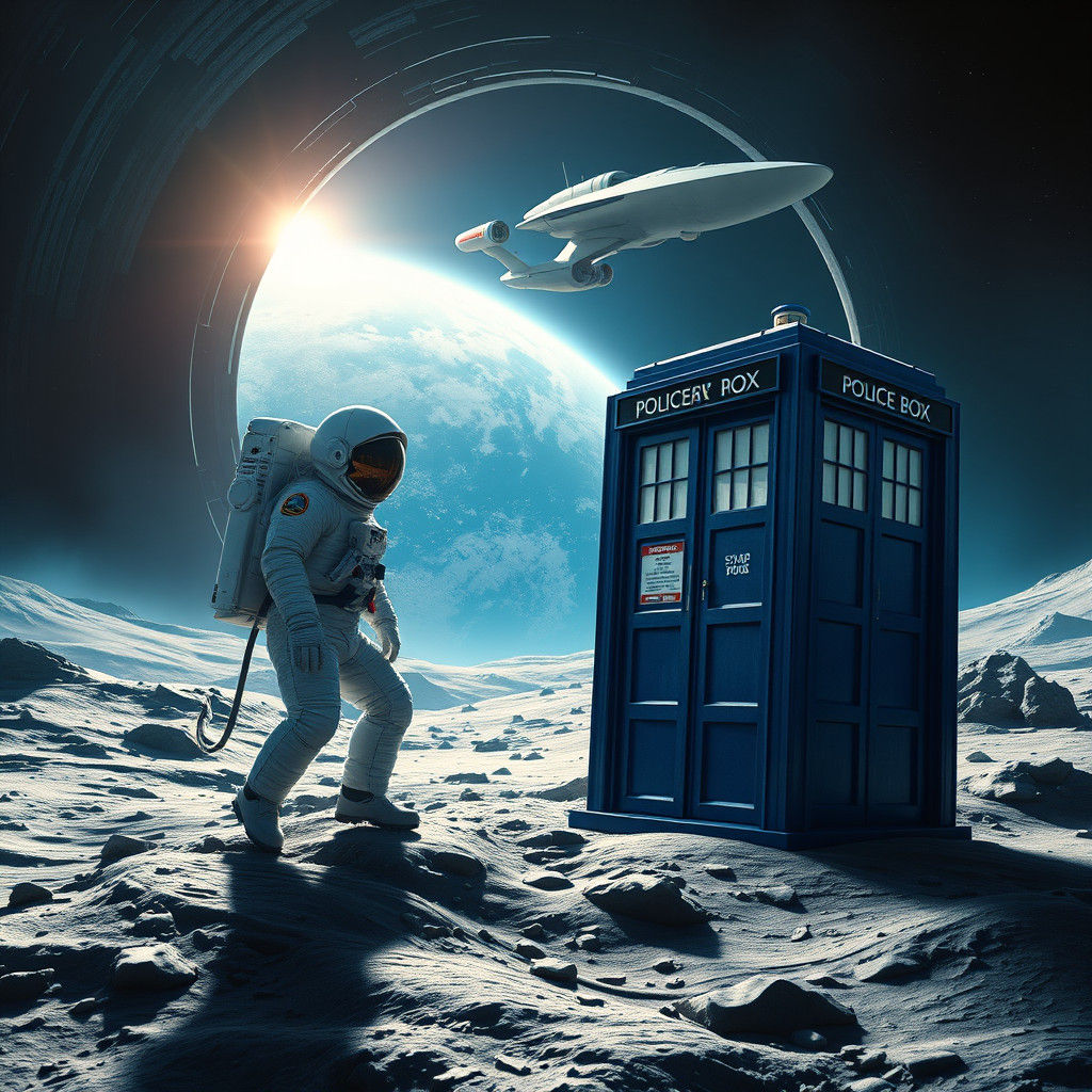 Astronaut and Blue Box on Moon with Starship