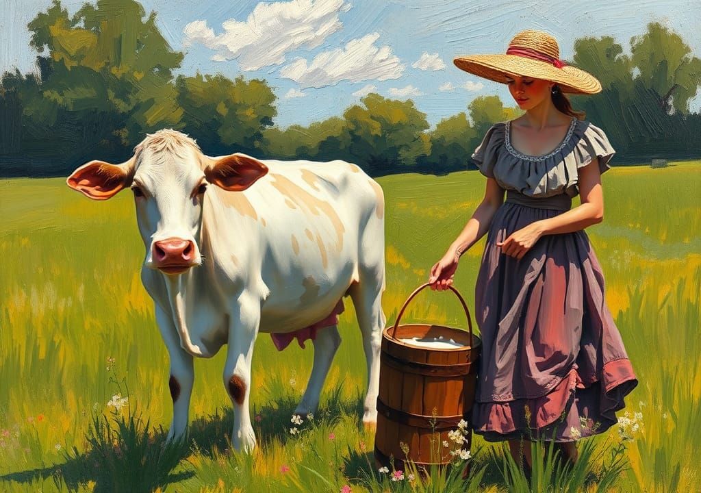 Milkmaid in Meadow, Expressionist Impasto Painting