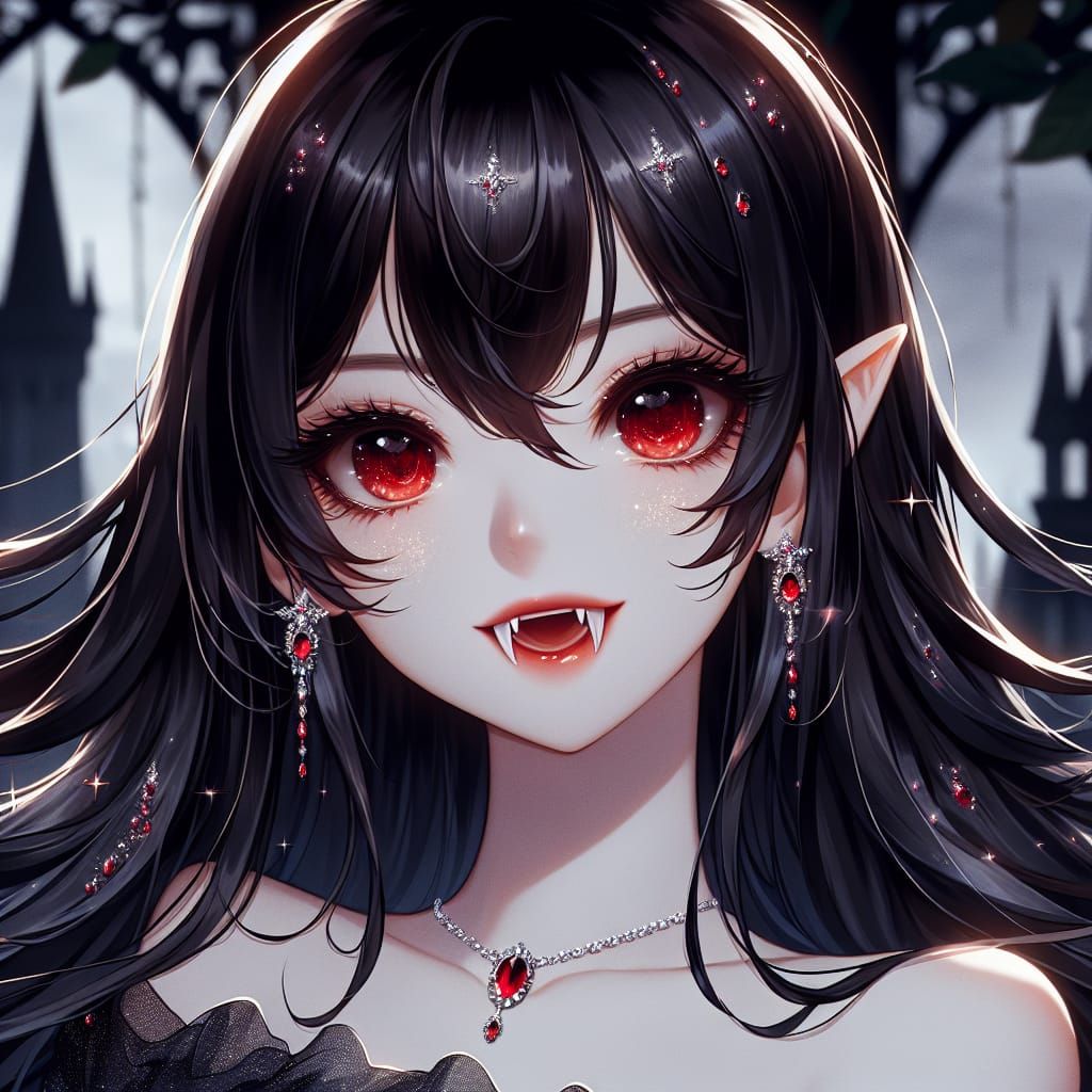 Anime Vampire Lady Portrait with Glitter and Crystals