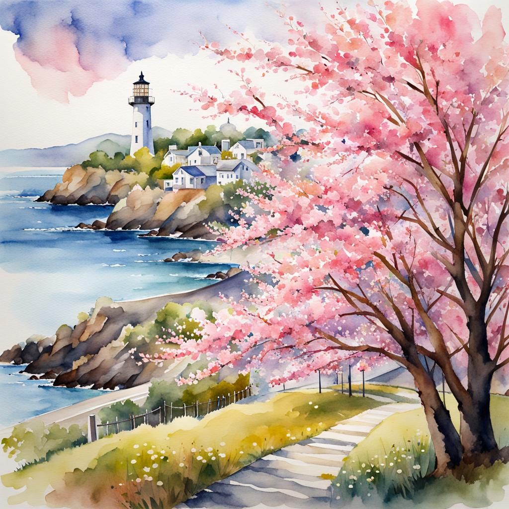 Blooming Cherry Blossom Tree in Watercolor