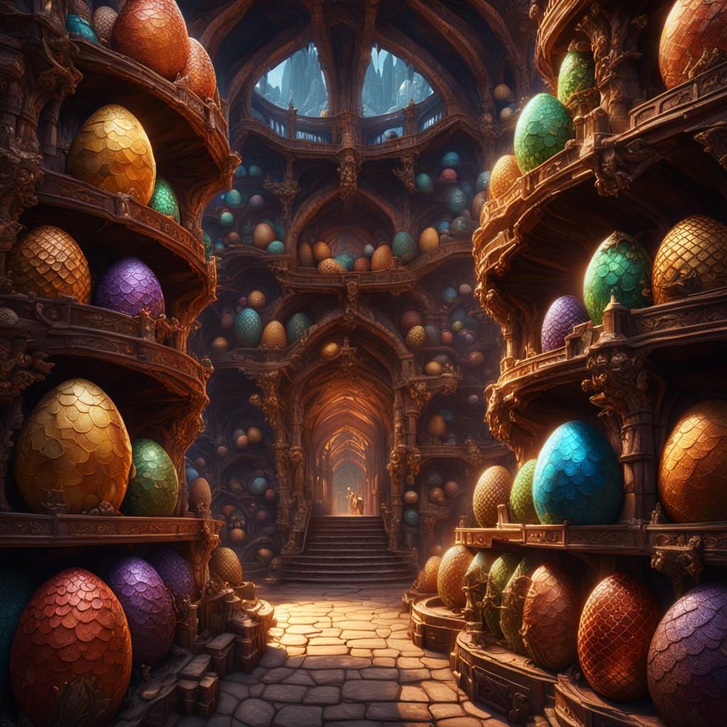 Ornate Fantasy Dragon Egg Hatchery in Detailed Digital Paint...