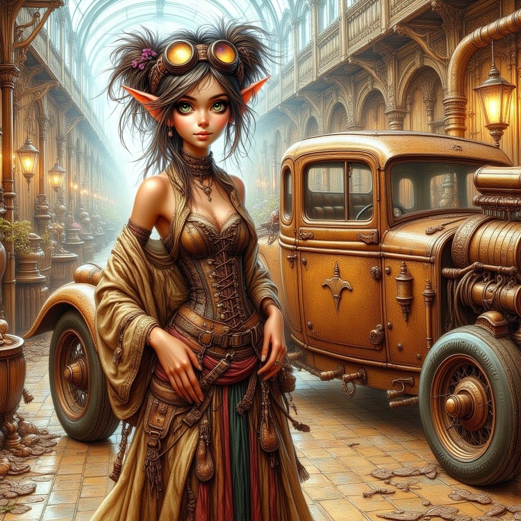 Steampunk Woman and Car in Retrofuturistic Style